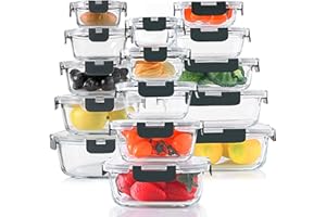 KOMUEE 30 Pieces Glass Food Storage Containers Set, Glass Meal Prep Containers Set with Snap Locking Lids, Airtight Glass lunch Containers for Microwave, Oven, Freezer & Dishwasher,Gray