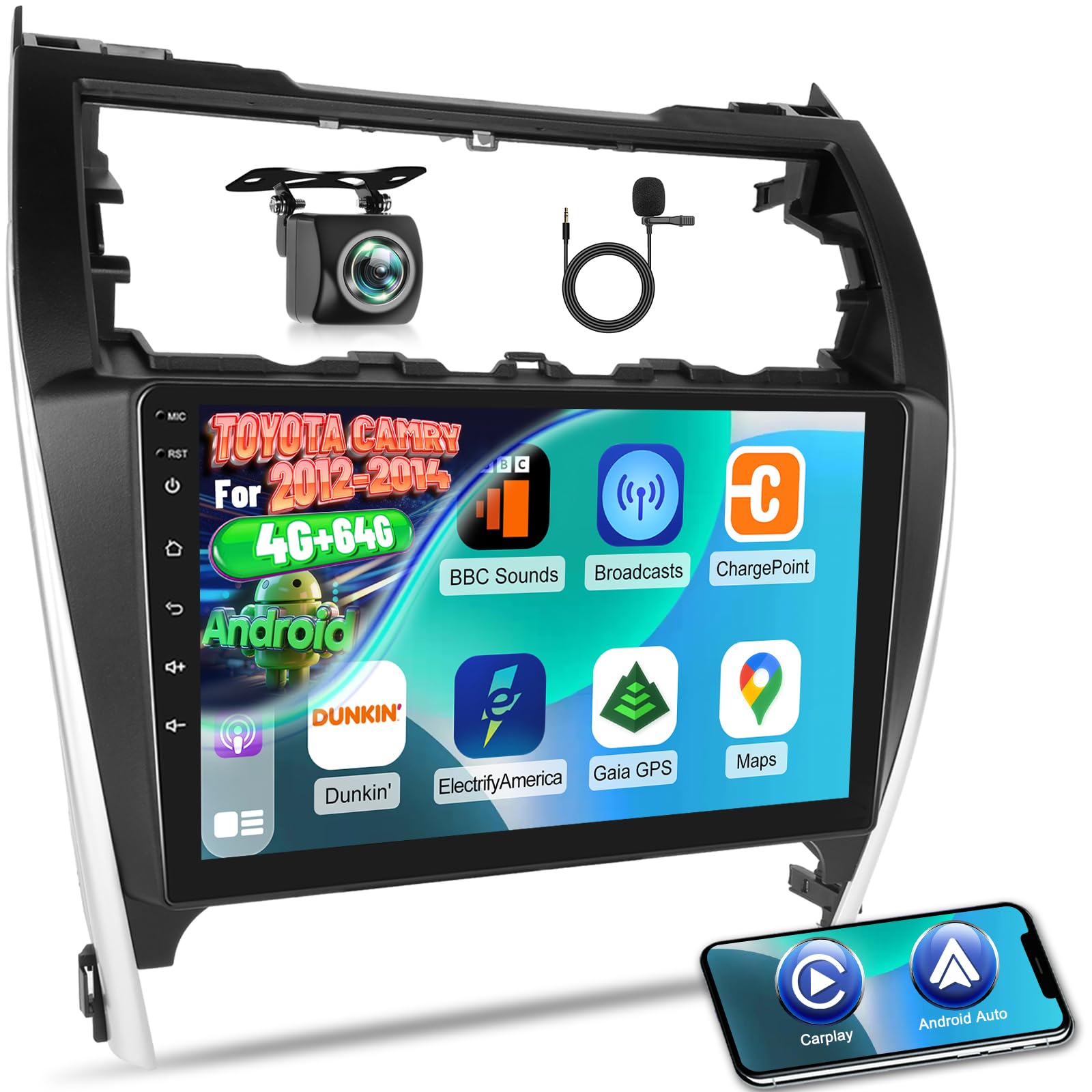 Photo 1 of 8 Core 4G+64G Car Radio for Toyota Camry 2012-2014, Volxcereo 10.1 inch Android HD Touchscreen Stereo with Carplay/Android Auto, GPS, WiFi, Bluetooth 5.0, SWC, FM/RDS, Rear Camera