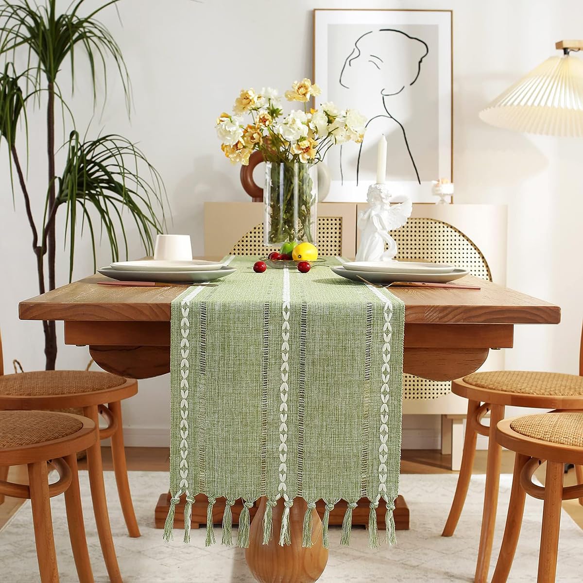 Wracra Hemstitch Cotton Linen Table Runner Farmhouse Style Sage Green Table Runner 180cm Long with Hand-tassels for Dining Kitchen Party and Dessert Table Decor(Sage Green, 180cm)