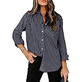 Aoudery Womens Button Down Shirts Cotton Striped Dress Shirt Long Sleeve Collared Office Work Pinstripes Blouses Tops