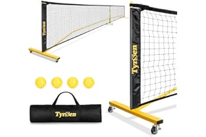TYRSEN Portable Pickleball Net on Wheels, 22FT Pickleball Net for Driveway Backyard, Strong PE Net, Metal Frame, 4 Pickle Balls, 1 Carry Bag, Pickleball Net System for Indoor & Outdoor Play