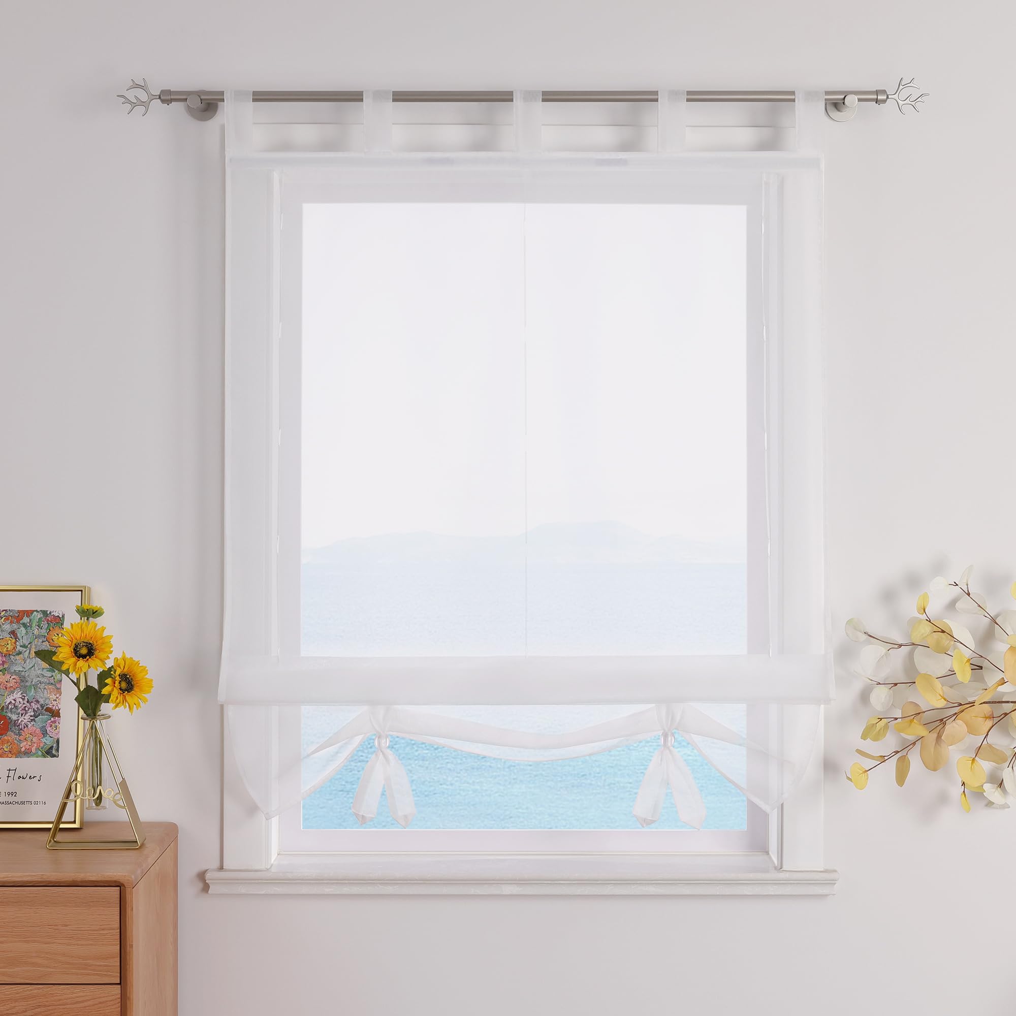 ESLIR Roman Blind with Tabs, Kitchen Curtains, Transparent Tab-Top Blind Curtains, Modern Voile, White, W x H, 100 x 155 cm, Pack of 1