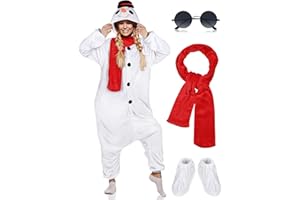AOTHSO 4 Pieces Christmas Adult Onesie Snowman Plush Cosplay Costume Suit with Scarf Shoes Glasses for Women and Men
