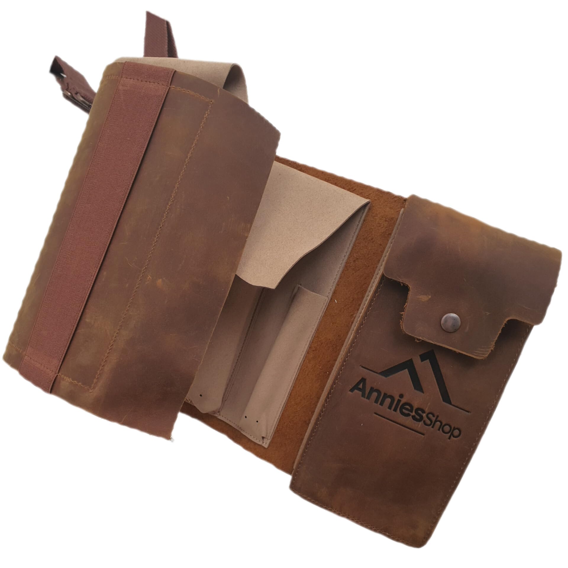 AnniesShop Deluxe Leather Pencil Roll - Large Pencil Case Capacity, Book Strap & Zip Case - For Pens, Brushes & More - Sustainable Full Cowhide Leather, Brown - No Space for Procrastination