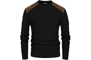 PJ PAUL JONES Mens Sweater Military Cable Knit Crewneck Vintage Long Sleeve Pulllover Sweaters with Suede Patchwork