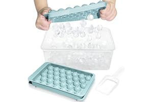 WIBIMEN Round Ice Cube Tray with Lid & Bin Ice Ball Maker Mold for Freezer with Container Mini Circle Ice Cube Tray Making 66PCS Sphere Chilling Cocktail Whiskey Tea Coffee (2 Trays 1 Ice Bucket & Scoop)