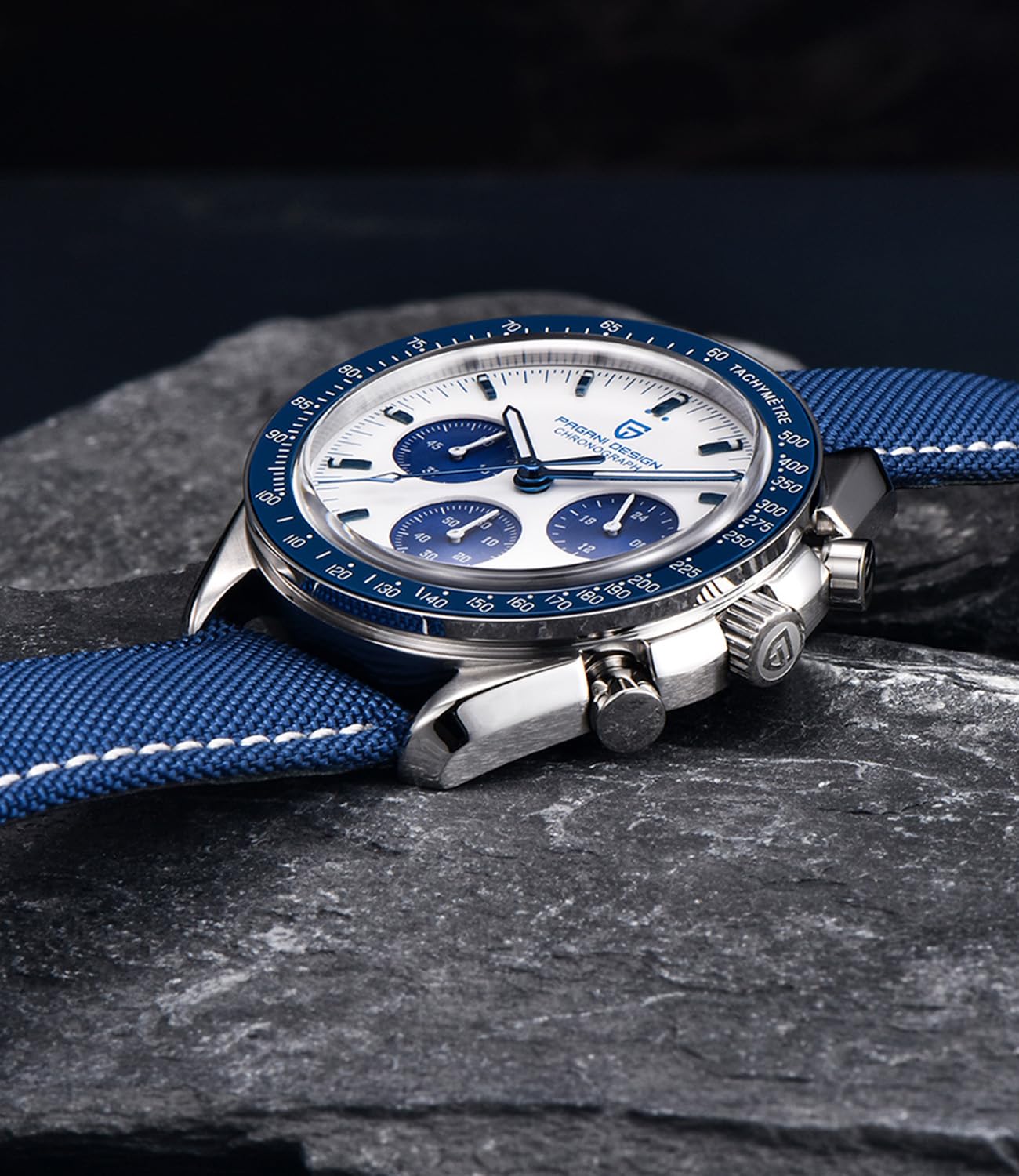 RollsTimi Pagani Design 1701 Men's Watch White Dial Men's Quartz Chronograph Japan VK63 Movement Stainless Steel Bracelet 100M Water Resistant Sport Watch.