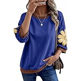 Dokotoo Women's Oversized 3/4 Sleeve Sweatshirt Floral Patch Crewneck Pullover Casual Tops
