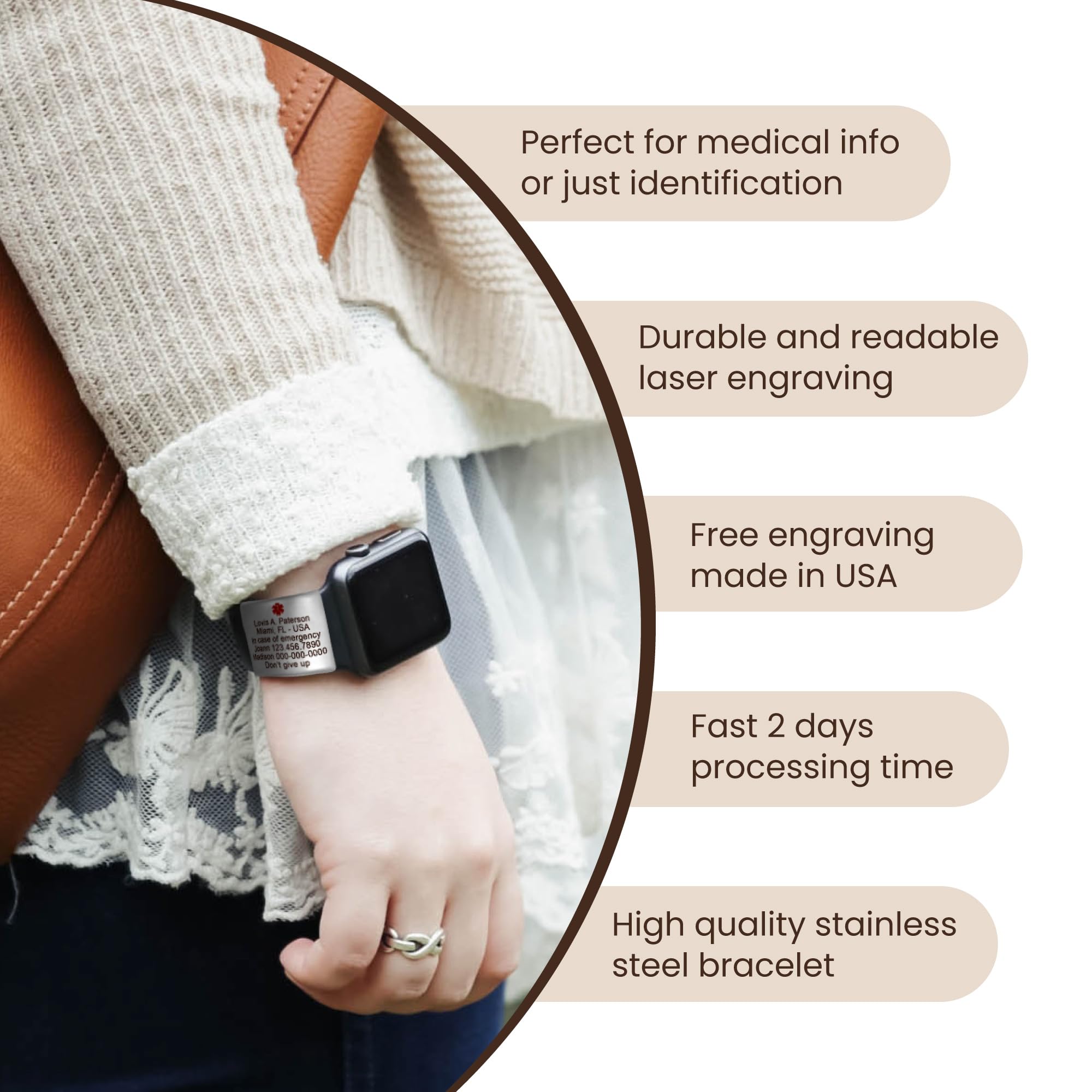 MIA·MIA Alert ID Tag for watch band, laser engraved apple watch safety plate, fitness runners ID tag for sport smartwatch, medical tag for wrist band