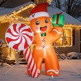 7 FT Christmas Inflatable Gingerbread Man Holding Big Lollipop, Outdoor Christmas Decorations Built-in Bright LED Lights, Blow UP Christmas Yard Decoration for Holiday Party Garden Lawn Indoor