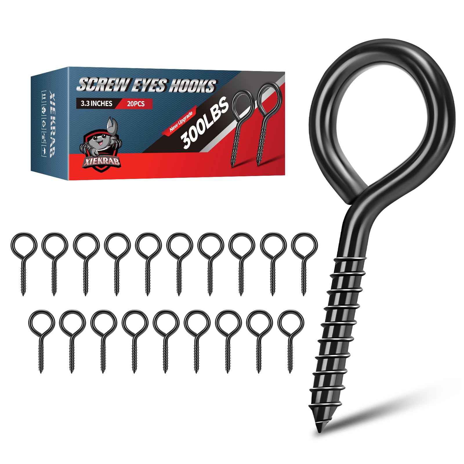 Photo 1 of XIEKRAB 3.3 inch Eye Bolts - 20 Pcs Eyes Hooks Screw Heavy Duty 300 lbs Breaking Strength Black Rust-Resistant, Screw for Hanging Plant, Fixed Cablees, Indoor & Outdoor Use