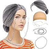 Old Lady Costume Set-Grandmother Wig,Wig Caps, Madea Granny Glasses, Eyeglass Retainer Chain,Pearl Necklace(5 Pieces)