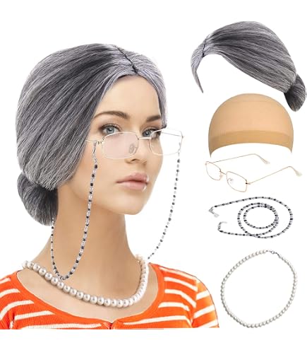 YSJCHEBS Disfraz De Abuela – Peluca, Gafas Con Cadena, Collar De Perlas Y Rulos | Set De Accesorios Para Cosplay Y Fiestas