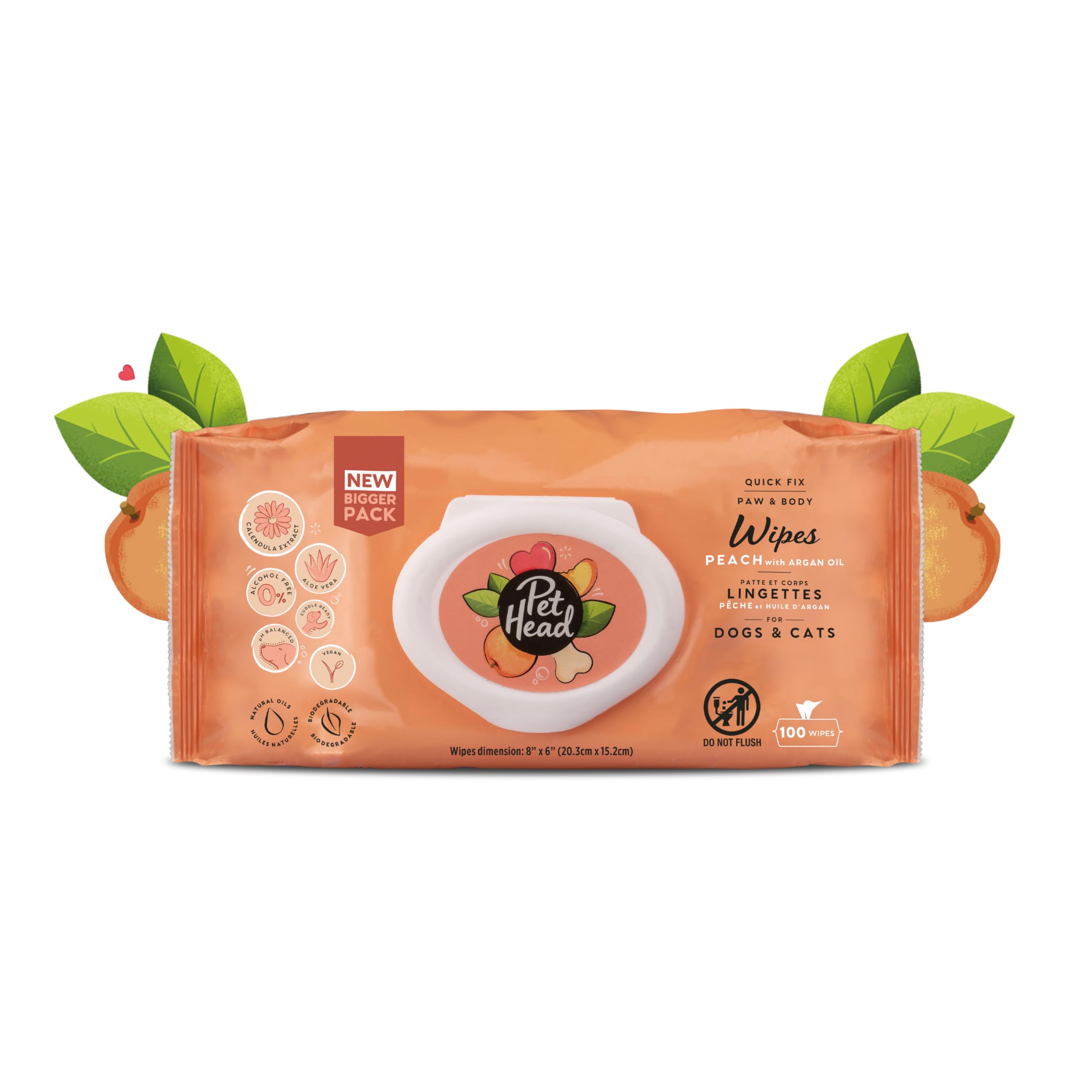 Pet Head Quick Fix Paw and Body Wipes for Cats and Dogs | Peach Scent with Aloe Vera | Biodegradable Pet Hygiene Cleaning Wipes | pH-Neutral | Vegan | For an Easy & Speedy Freshen-Up | 100 pack