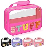 Chenille Letter Patch Stuff Bag, Preppy Clear Makeup Cosmetic Bag Large Toiletry Storage Tote Bag with Handle, Transparent Nylon Waterproof Organizer Zipper Pouch for Travel Women Girls(Rosered)