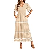 PRETTYGARDEN Women's Casual Summer Maxi Dress Short Sleeve Swiss Dot V Neck Smocked Long Flowy Beach Dresses