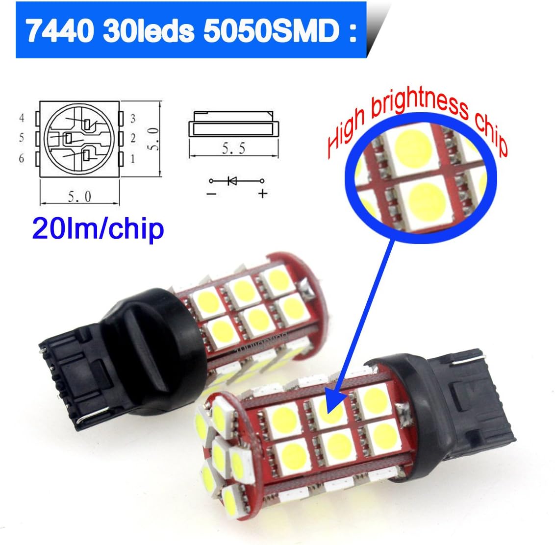 CANBUS T20 7440 W21W LED Car Light Bulbs 30pcs 5050 SMD for Turn Signal Light Backup Reverse Light RearTail Stop Light bulbs Pure White 6000K 12V (Pack of 2)