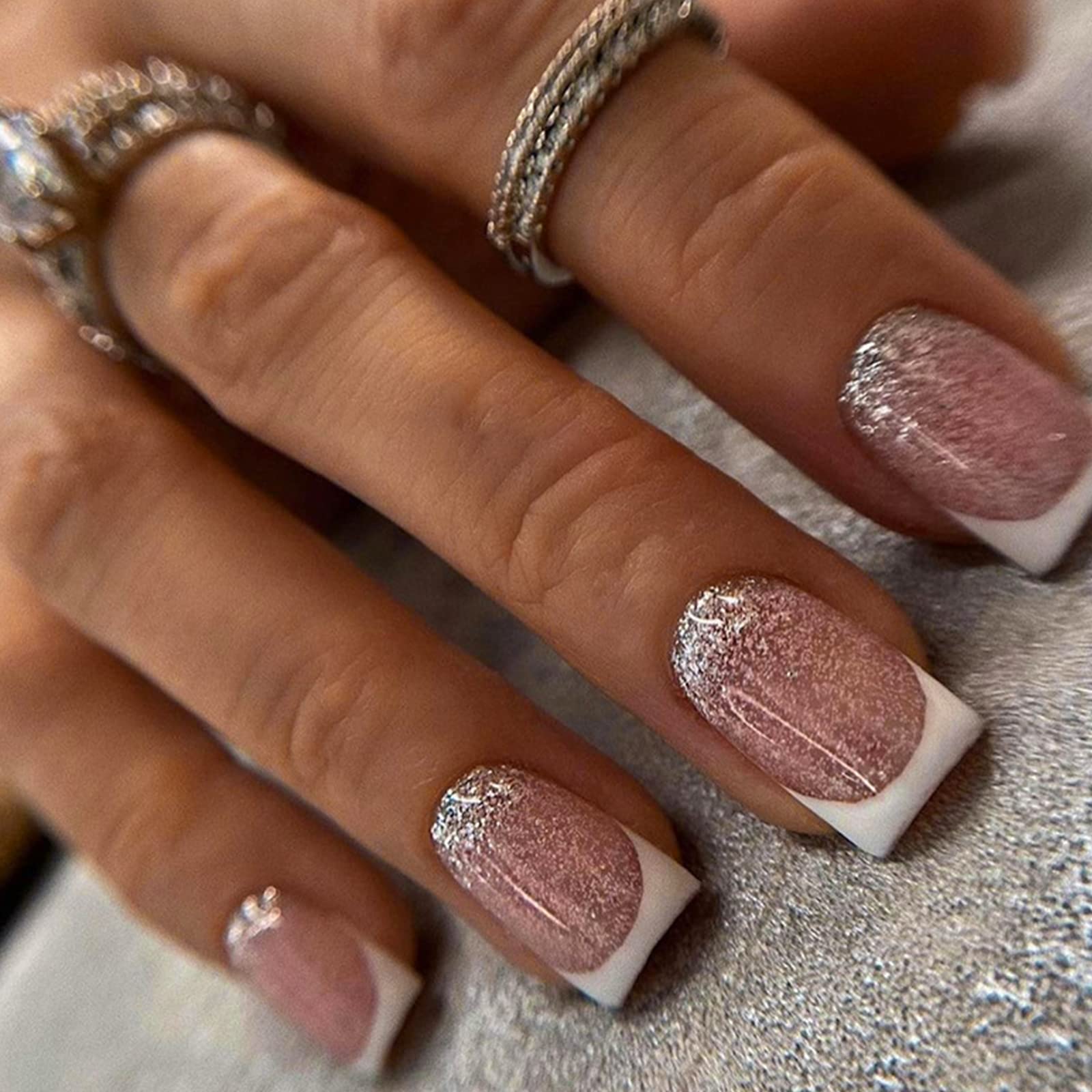 24Pc Square False Nails Short, French Nude White Press on Nails, Glossy Glitter Fake Nails with Designs, Acrylic Full Cover Stick on Nails for Women Manicure Decorations