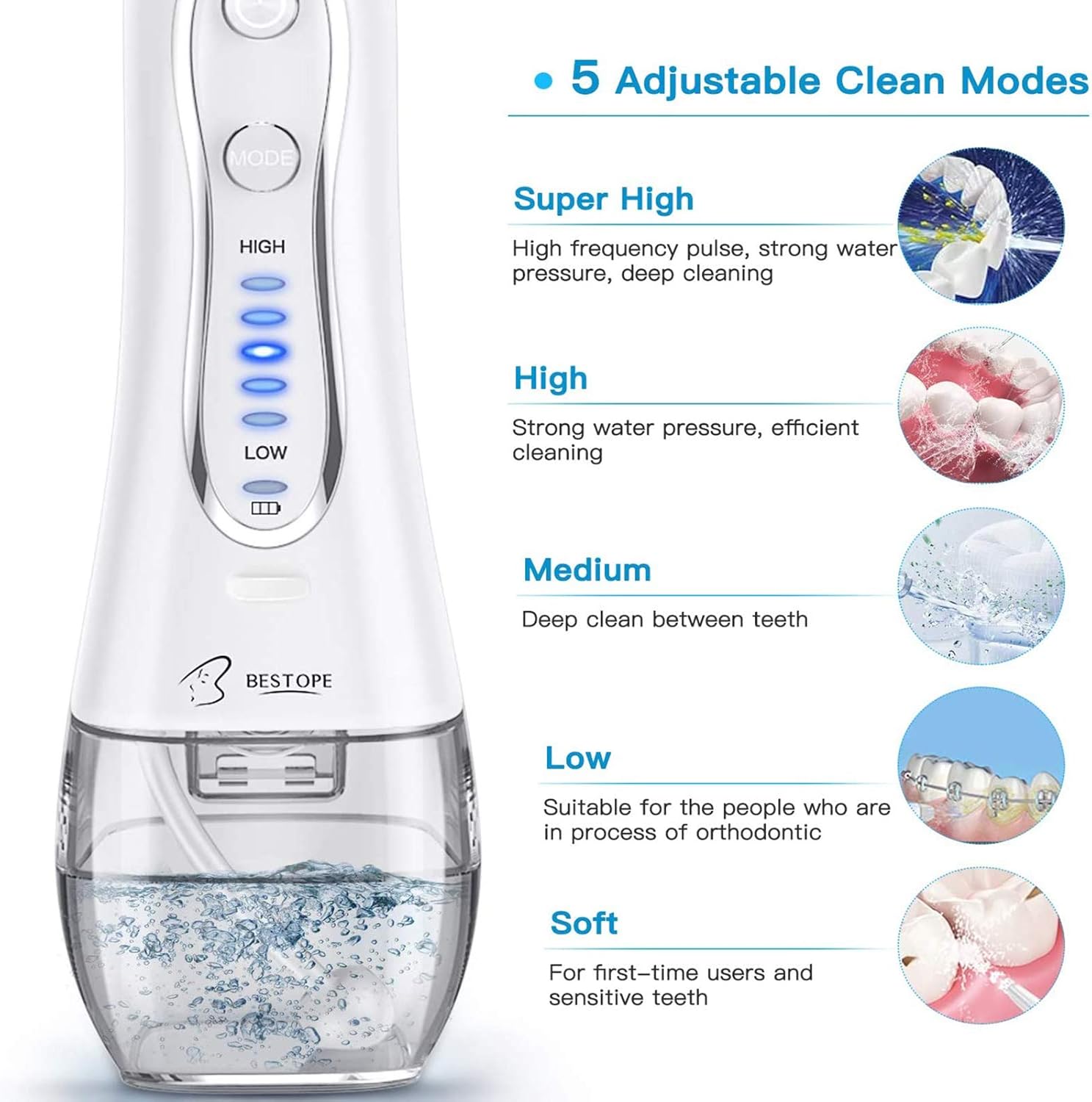BESTOPE Water Oral Flosser Cordless 300ML Water Dental Flossers for Teeth Braces Dental Oral Irrigator with 5 Modes 6 Jet Tips, IPX7 Waterproof,Portable and Rechargeable for Home&Travel: Health & Personal Care
