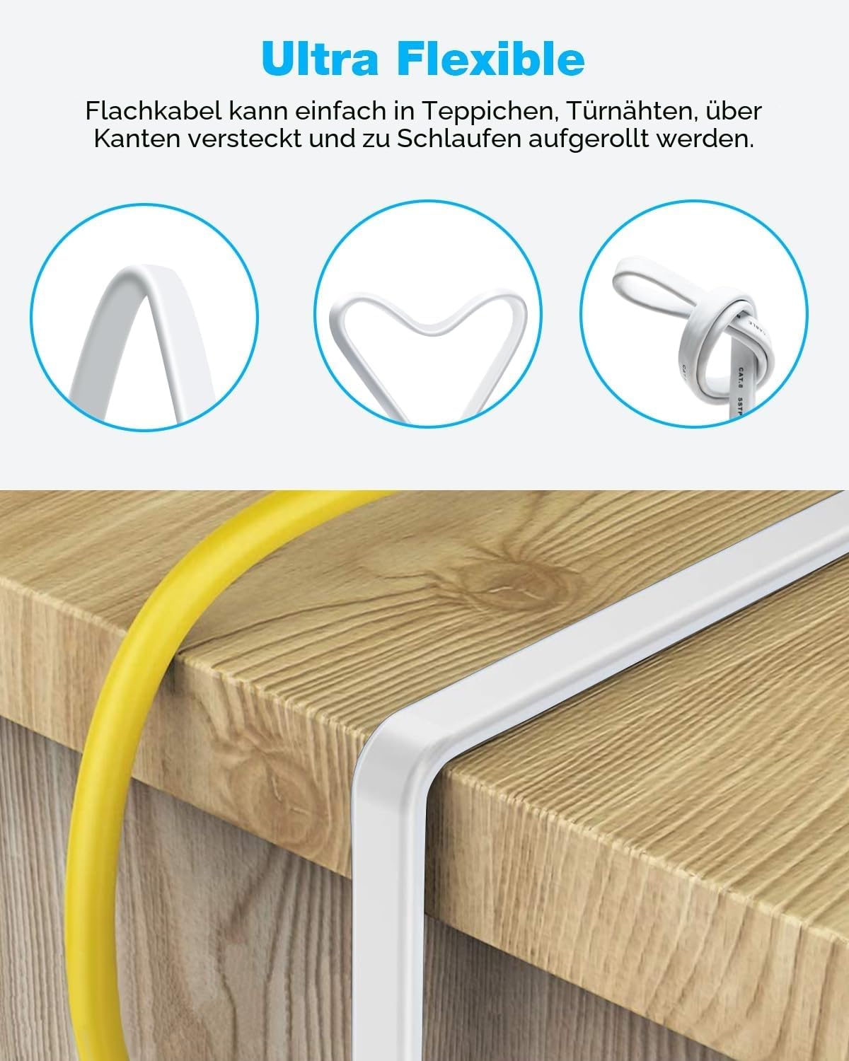 DDMALL Lan Kabel CAT8 5m, Hochgeschwindigkeit Ethernet Kabel 40Gbps 2000MHz Flaches Netzwerkkabel, Gigabit Patchkabel mit Vergoldetem RJ45-Stecker für Router, Modem, Gaming (5 Meter/Weiß) 5