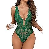 Aranmei Sexy Lingerie for Women Hollow Out Floral Lace Bodysuit One Piece Lingerie Deep V Teddy Babydoll Underwear