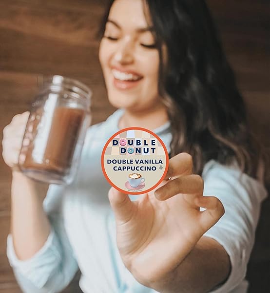 DOUBLE DONUT COFFEE DOUBLE VANILLA CAPPUCCINO PODS, 24 SINGLE SERVE CUPS FOR KEURIG K CUP BREWERS IN RECYCLABLE PODS