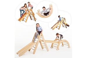 GOODEVAS Montessori Climbing Set 4 in 1 for Kids - Wooden Pikler Triangle Arch Board & Slide Climbing Toys for Toddlers 1-3 - Climbing Toys Indoor Playground for Boys & Girls