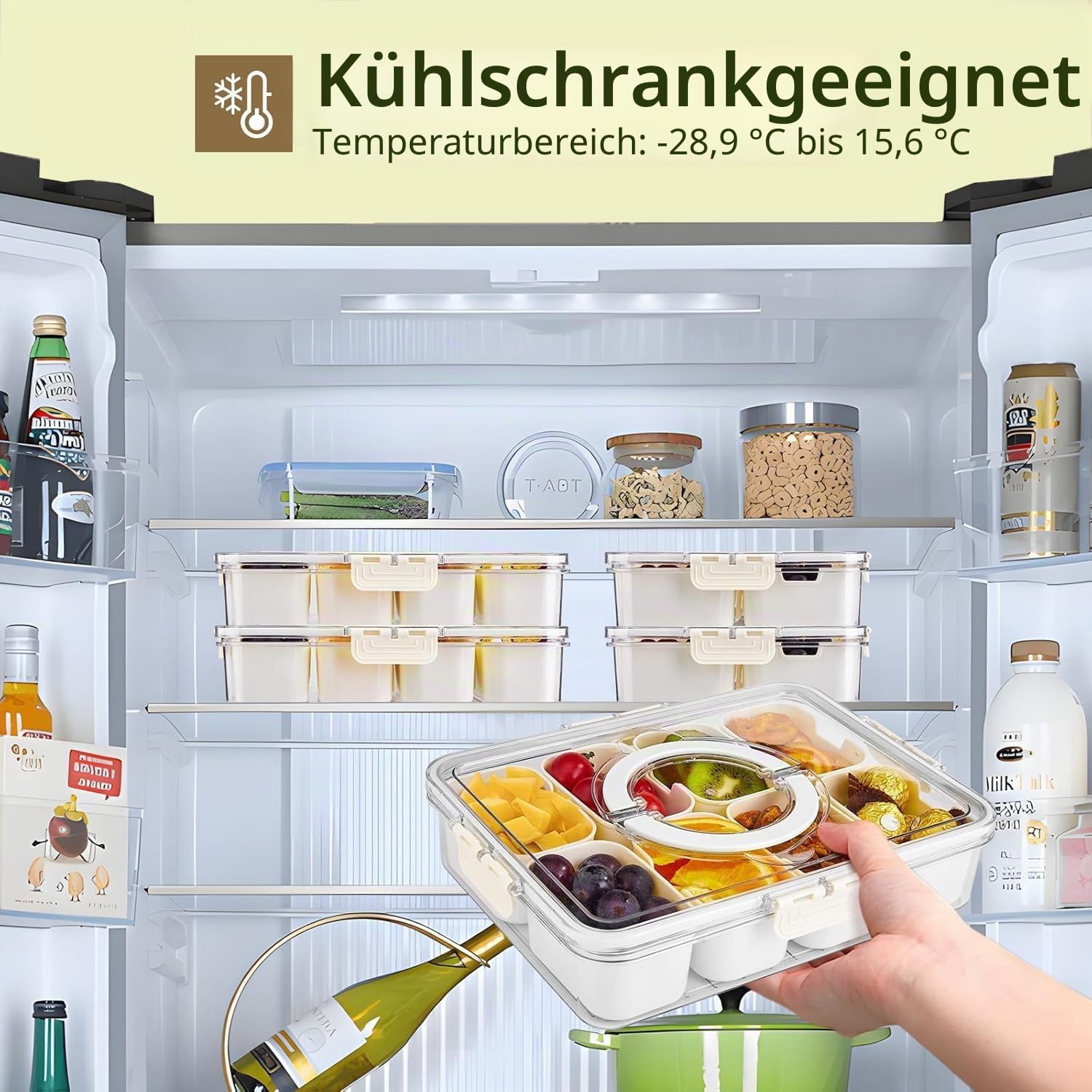 JNYLYFC Snackbox mit 8 Fächern, Snackschale mit Deckel und Griff, Snackteller mit Herausnehmbare Fächer für Süßigkeiten Obst Keksen Dessert Gemüse Nüsse, Snacktablett Organizer für Party Picknick Trip 7