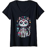 Womens Dia De Los Muertos Cinco De Mayo Cat Sugar Skull Men Women V-Neck T-Shirt