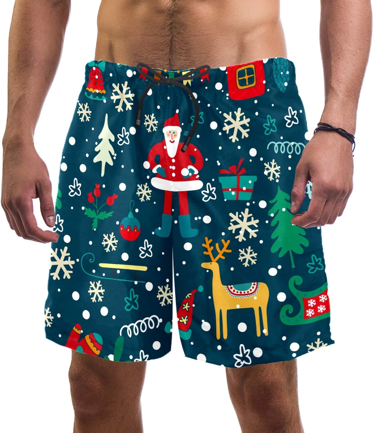 DEYYA Christmas Santa Claus Tree Elk Bell Elemenst Men's Swim Trunks