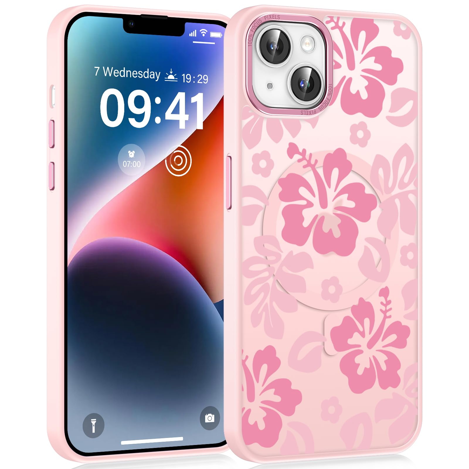 lioscre Pink Cute Hibiscus Flower Phone Case for iPhone 14 Plus 6.7", Compatible with MagSafe, Floral Pattern Print Design Magnetic Case for Women Girls Soft TPU Hard PC Shockproof Funda Cover