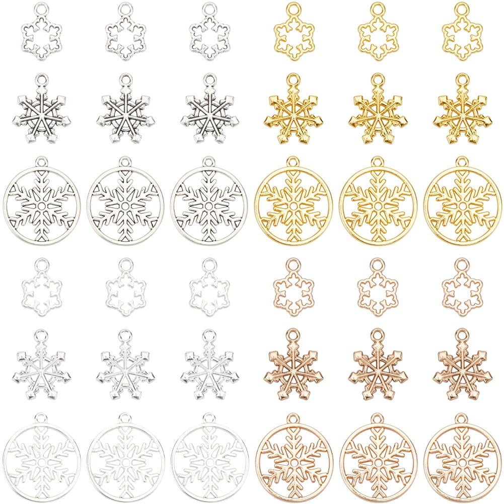 SUNNYCLUE 1 Box 120Pcs Christmas Snowflake Charms Bulk Winter Charm Alloy Gold Antique Silver Holiday Xmas New Year Mini Snow Flake Bead Charms for Jewellery Making Charms DIY Necklace Earrings