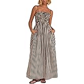 Women Striped Maxi Dress Smocked Backless Spaghetti Strap Long Flowy Dress Sleeveless Boho Aline Sundress