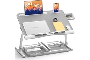 Laptop Stand for Bed, Potuopy Leather Adjustable Bed Desk Table Tray, X-Large Folding Lap Desk with Drawer for Eating Writing Drawing Working on Couch Floor, Grey