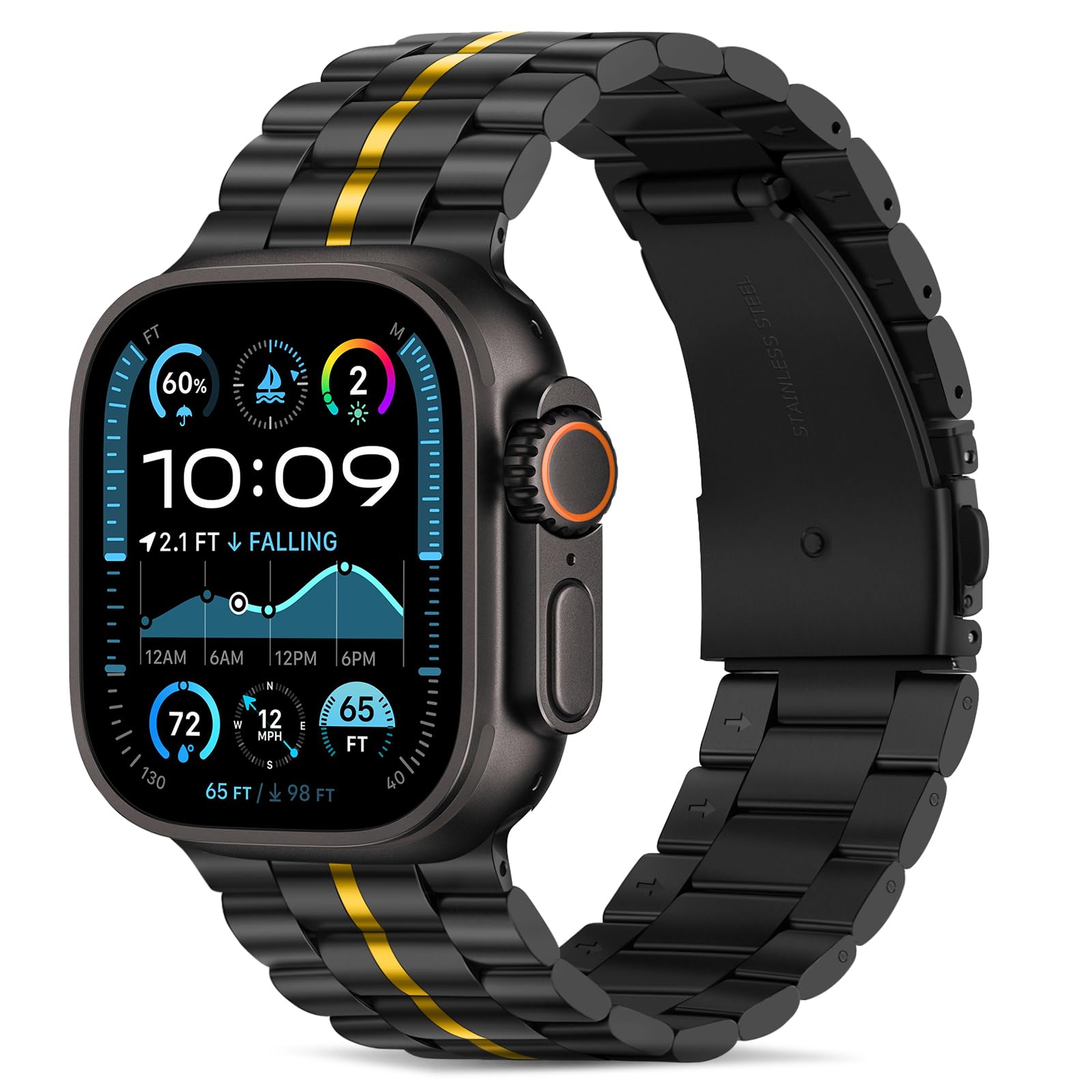 Tasikar Band Compatible with Apple Watch Band 49mm 45mm 44mm 42mm Premium Stainless Steel Metal Replacement Strap Compatible with Apple Watch Ultra 3 2 1 Series 11 10 9 8 7 6 5 4 3 2 1 SE, Black-Gold