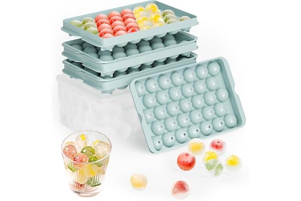 Round Ice Cube Trays with Lid and Bin - 3 Stackable Trays Small Circle Ice Maker Molds for Freezer, 99pcs Round Ice Balls for