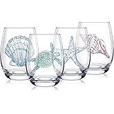 Dudjotc 4 PCS Ocean Stemless Wine Glasses-17 Oz Coastal Glassware Gifts for Beach Lovers-Sea Turtle,Seashell,Starfish,Conch Wine Cups Set for Women Men,Birthday,Mothers Day,Dishwasher Safe