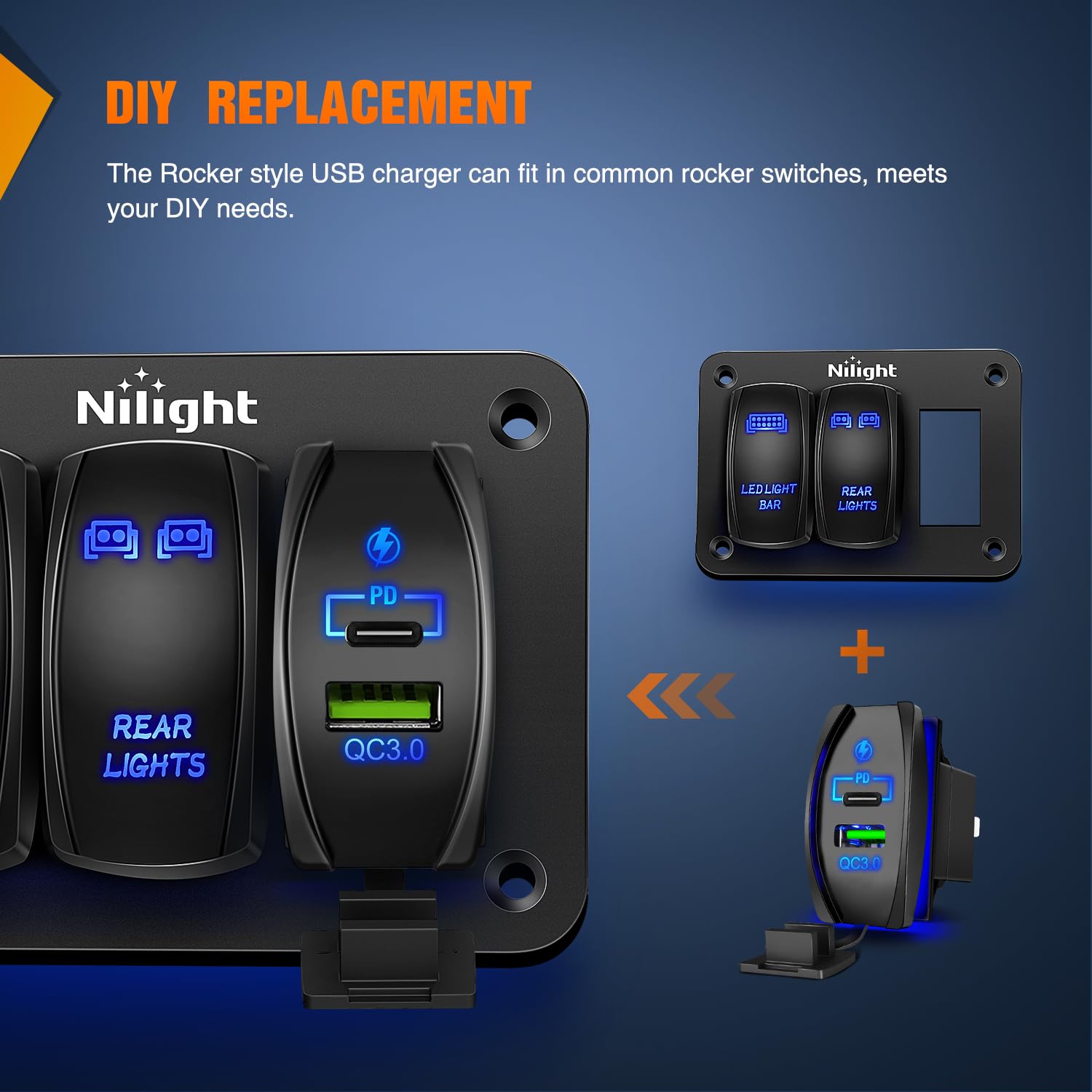 Nilight Rocker Switch Style USB Charger Fits Rocker Switch Panel 4.2A PD Type C USB Charger 12V 24V Fast Charge Socket Dual Charging Port for Cars Boats Trucks RVs