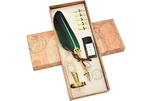 Hethrone Feather Pen Ink Set - Calligraphy Quill Pen Set Includes Dip Pen with Ink, 5 Replacement Nibs and Pen Holder Ideal Gifts for Families, Friends (Green)