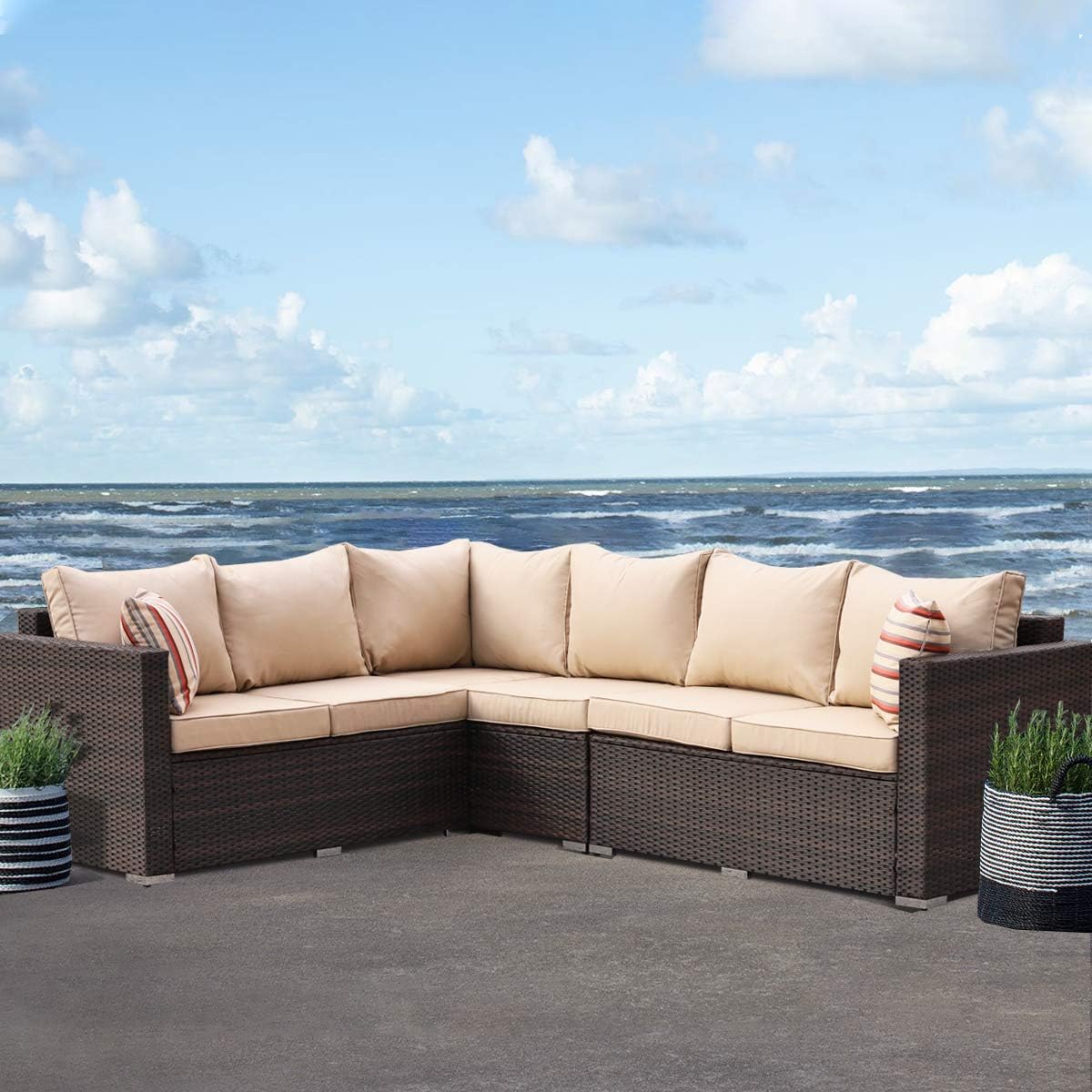 Patio Furniture Garden 3 PCS Love Sofas Sectional Sofa Brown Wicker Conversation Set Outdoor Indoor Use Couch Set Khaki Cushion