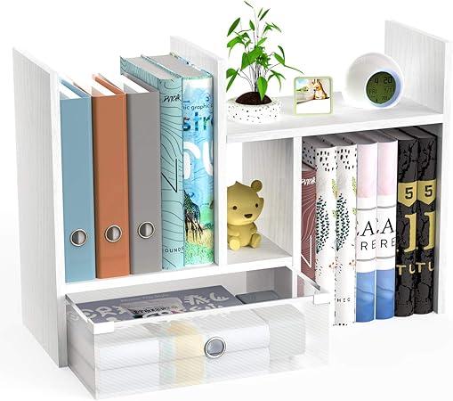 Amazon Popq ブックスタンド 本立て デスク上 伸縮型本棚 引き出し付き 学生本立て 多様放置事務用品収納 ホワイト ブックエンド 本立て 文房具 オフィス用品