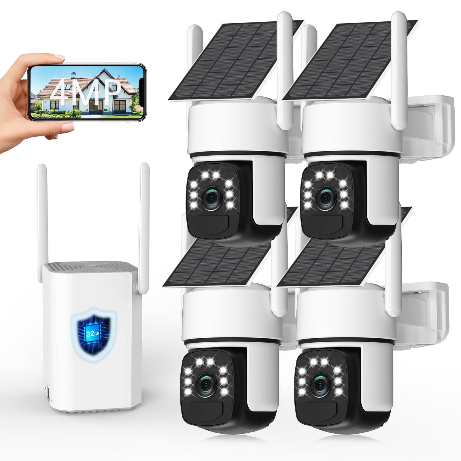 Photo 1 of Solar Security Cameras Wireless Outdoor, 4 Cam-Kit, 4MP Home Security System with Color Night Vision, 2.4G & 5G WiFi, 360° Pan & Tilt, 32GB Local Storage, No Subscription, Motion Detection, Spotlight