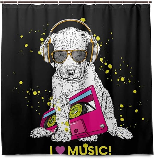Amazon Kapanou防水 シャワーカーテン かわいい子犬ヘッドフォンカセット90sイラスト かわいいシャワーカーテン ユニットバス バスルーム 芸術の装飾 180cmx180cm バスフック付き 取り付け簡単 シャワーカーテン ホーム キッチン オンライン通販
