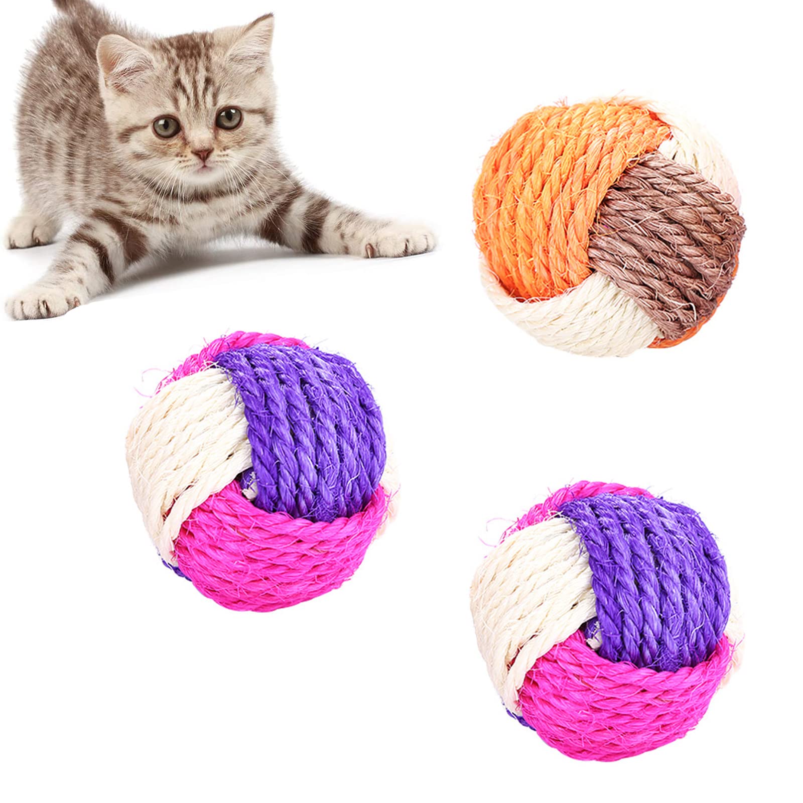 LIUJUNH 3 Pcs Cat Ball Sisal Ball Pet Scratching Animals Interactive Cat Rolling Environmentally Friendly Kitten Play for Cats Kitten Dog Playing Chewing (Random Color)