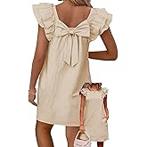 Falechay Womens Summer Dresses Bow Tie Back Sundresses for Women Ruffle Short Sleeve Dress Casual Cute Sundress with Pockets
