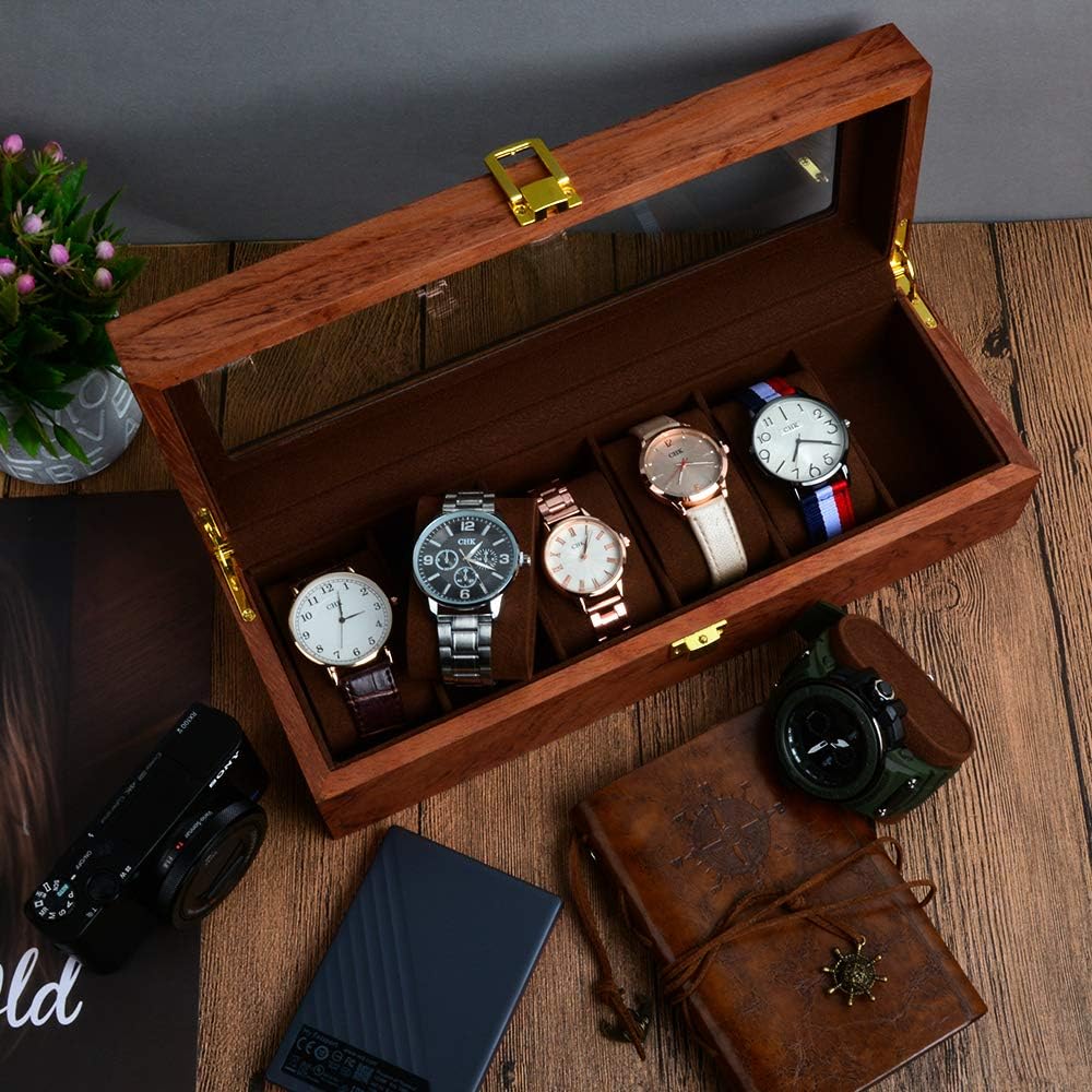 Wooden Paint Watch Box-6 Wide Watch Slots Vintage Watch Box Wooden Watch Box, Metal Buckle Watch Case for Men's Jewelry Flower Pear: Home Improvement
