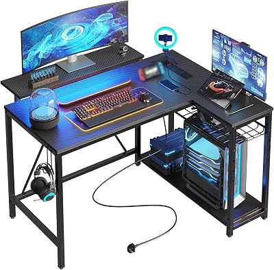 Bestier 106.5CM L-Shaped Gaming Desk RGB Lights 3 Outlets 2 USB Ports