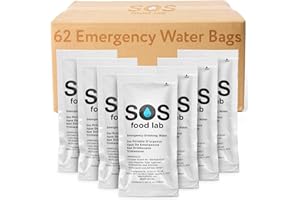 S.O.S. FOOD LAB LLC SOS Food Lab Emergency Water Pouches - 2 Gallons (62 Count, 4.2 Fl Oz Each) - Triple Purified, UV Sterilized Filtered Drinking Water for Disaster & Survival Kits - 5 Year Shelf Life, US Navy Approved