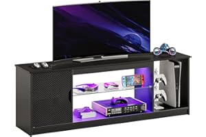 Bestier LED Entertainment Center for PS5, Gaming TV Stand with Cabinet 55/65 Inch TV, Modern TV Console with Adjustable Glass Shelf Living Room Bedroom, Black Carbon Fiber 57"