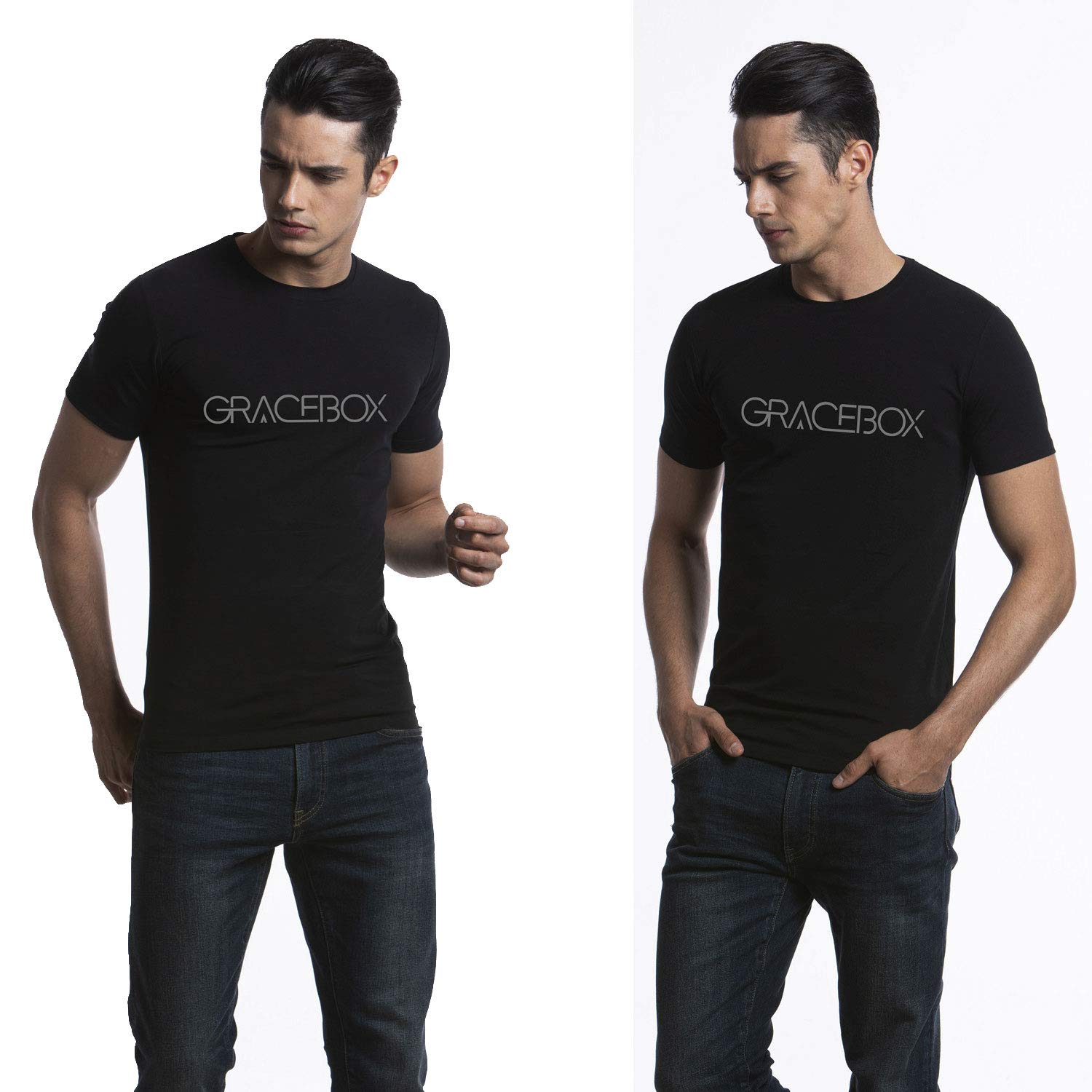 GRACEBOX Men\'s Letter Print Short Sleeve T-Shirts Slim-Fit Crew Neck Tee Casual Cotton Tshirts Top Black